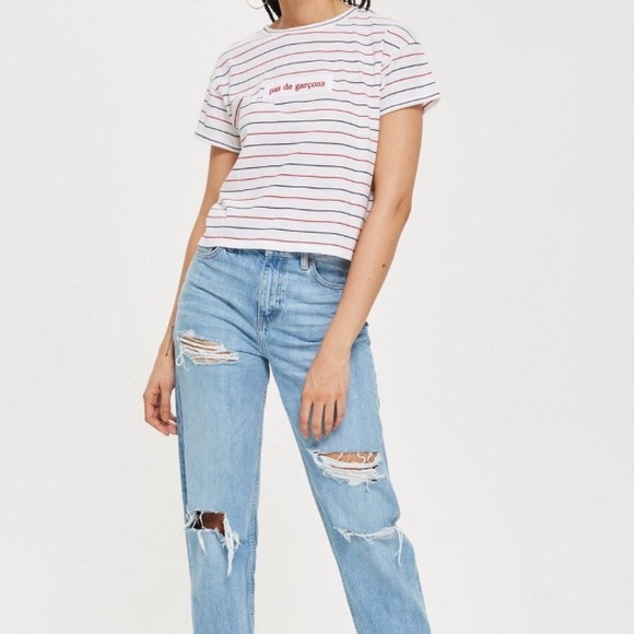 Topshop Red Navy and White Striped Crop Pas De Garçons Baby Tee - Picture 2 of 6